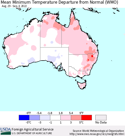 Australia Mean Minimum Temperature Departure from Normal (WMO) Thematic Map For 8/29/2022 - 9/4/2022