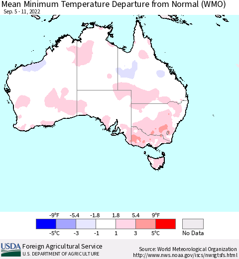 Australia Mean Minimum Temperature Departure from Normal (WMO) Thematic Map For 9/5/2022 - 9/11/2022