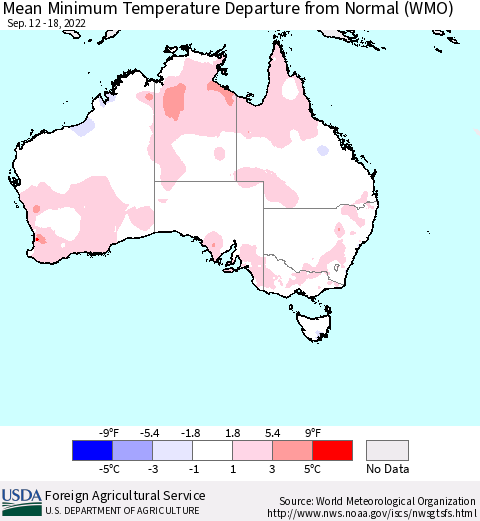Australia Mean Minimum Temperature Departure from Normal (WMO) Thematic Map For 9/12/2022 - 9/18/2022