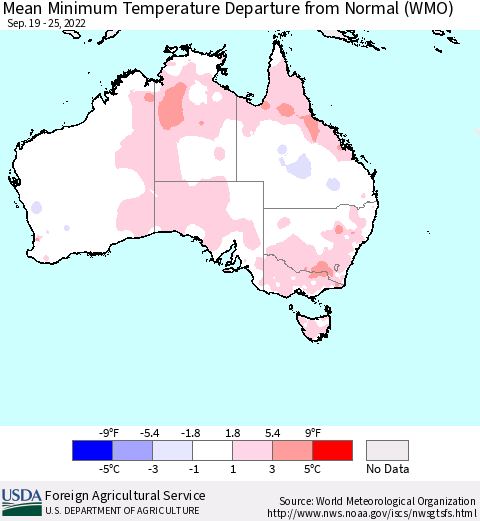 Australia Mean Minimum Temperature Departure from Normal (WMO) Thematic Map For 9/19/2022 - 9/25/2022