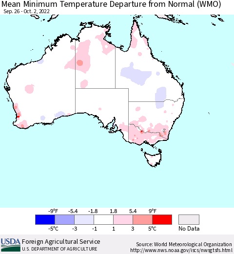 Australia Mean Minimum Temperature Departure from Normal (WMO) Thematic Map For 9/26/2022 - 10/2/2022