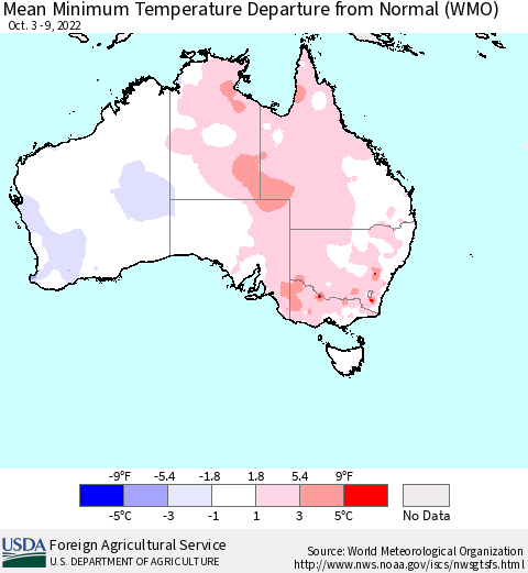 Australia Mean Minimum Temperature Departure from Normal (WMO) Thematic Map For 10/3/2022 - 10/9/2022