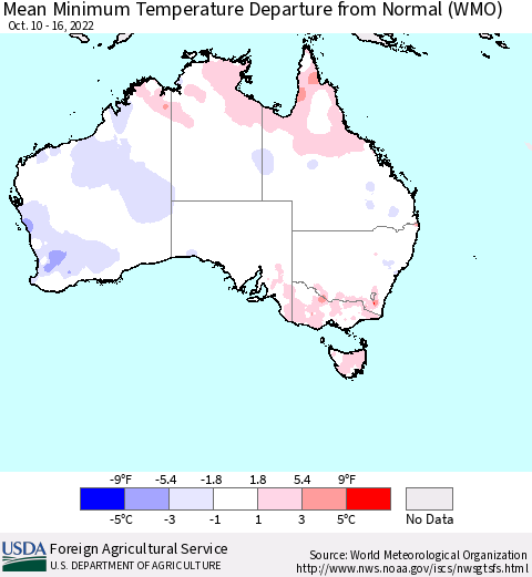 Australia Mean Minimum Temperature Departure from Normal (WMO) Thematic Map For 10/10/2022 - 10/16/2022
