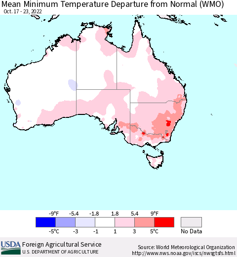 Australia Mean Minimum Temperature Departure from Normal (WMO) Thematic Map For 10/17/2022 - 10/23/2022