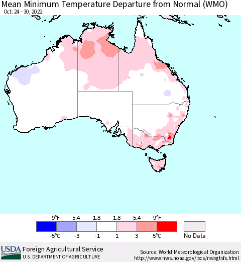 Australia Mean Minimum Temperature Departure from Normal (WMO) Thematic Map For 10/24/2022 - 10/30/2022