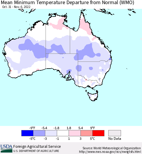 Australia Mean Minimum Temperature Departure from Normal (WMO) Thematic Map For 10/31/2022 - 11/6/2022