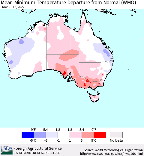 Australia Mean Minimum Temperature Departure from Normal (WMO) Thematic Map For 11/7/2022 - 11/13/2022