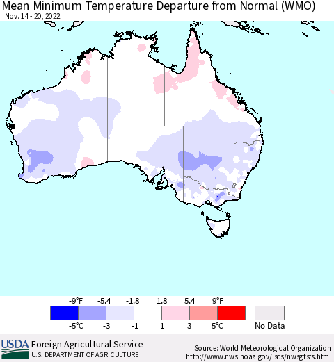Australia Mean Minimum Temperature Departure from Normal (WMO) Thematic Map For 11/14/2022 - 11/20/2022