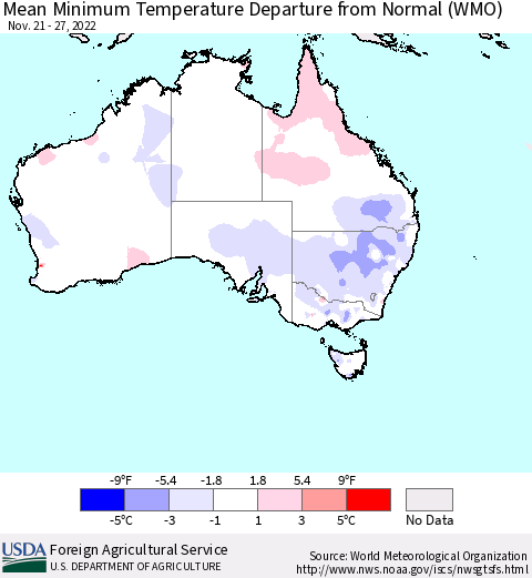 Australia Mean Minimum Temperature Departure from Normal (WMO) Thematic Map For 11/21/2022 - 11/27/2022