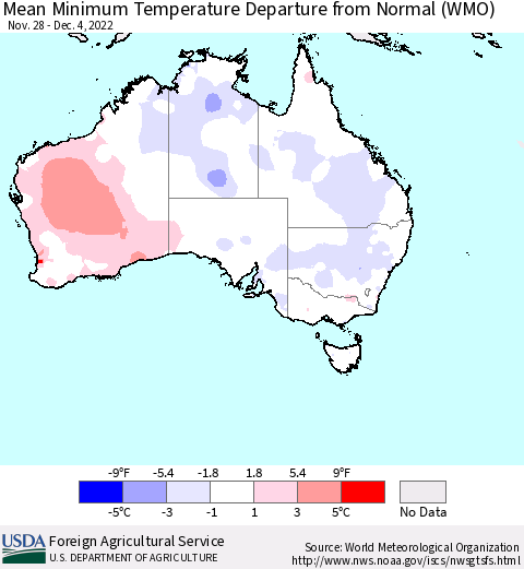 Australia Mean Minimum Temperature Departure from Normal (WMO) Thematic Map For 11/28/2022 - 12/4/2022