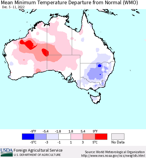 Australia Mean Minimum Temperature Departure from Normal (WMO) Thematic Map For 12/5/2022 - 12/11/2022