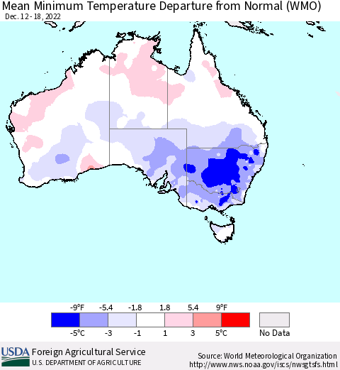 Australia Mean Minimum Temperature Departure from Normal (WMO) Thematic Map For 12/12/2022 - 12/18/2022