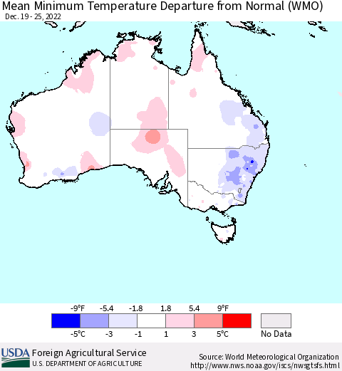 Australia Mean Minimum Temperature Departure from Normal (WMO) Thematic Map For 12/19/2022 - 12/25/2022