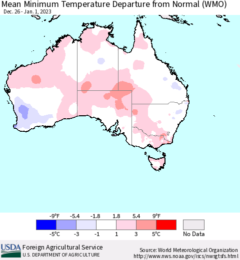 Australia Mean Minimum Temperature Departure from Normal (WMO) Thematic Map For 12/26/2022 - 1/1/2023