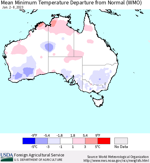 Australia Mean Minimum Temperature Departure from Normal (WMO) Thematic Map For 1/2/2023 - 1/8/2023