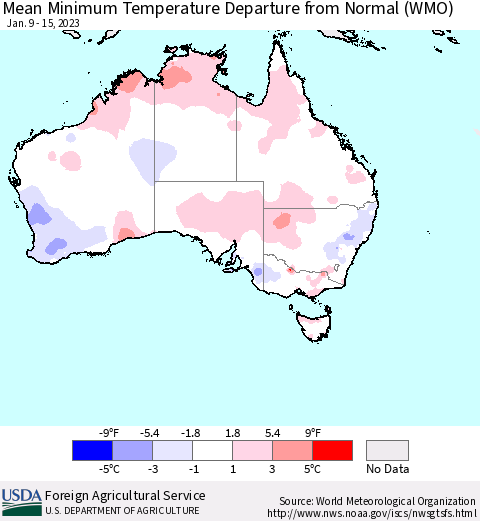 Australia Mean Minimum Temperature Departure from Normal (WMO) Thematic Map For 1/9/2023 - 1/15/2023