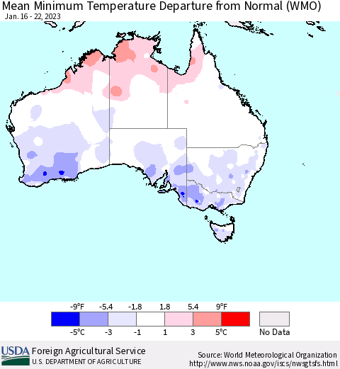 Australia Mean Minimum Temperature Departure from Normal (WMO) Thematic Map For 1/16/2023 - 1/22/2023