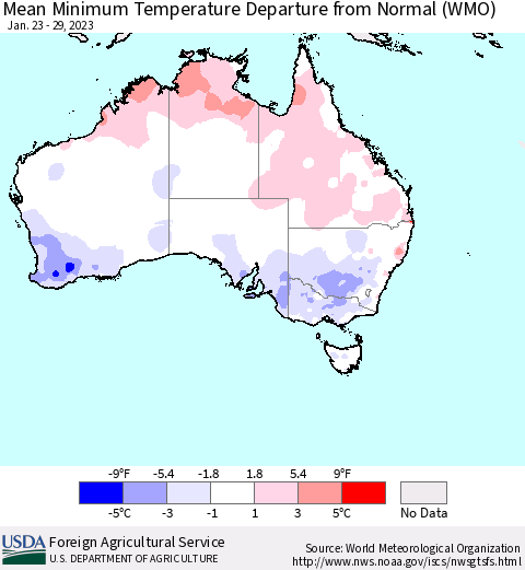 Australia Mean Minimum Temperature Departure from Normal (WMO) Thematic Map For 1/23/2023 - 1/29/2023