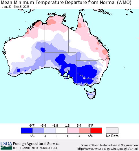 Australia Mean Minimum Temperature Departure from Normal (WMO) Thematic Map For 1/30/2023 - 2/5/2023