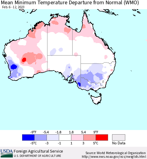 Australia Mean Minimum Temperature Departure from Normal (WMO) Thematic Map For 2/6/2023 - 2/12/2023