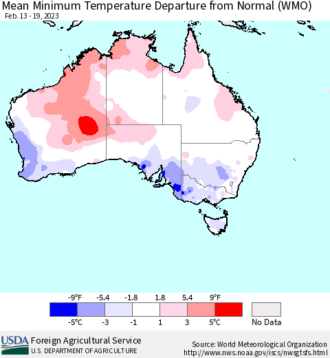 Australia Mean Minimum Temperature Departure from Normal (WMO) Thematic Map For 2/13/2023 - 2/19/2023