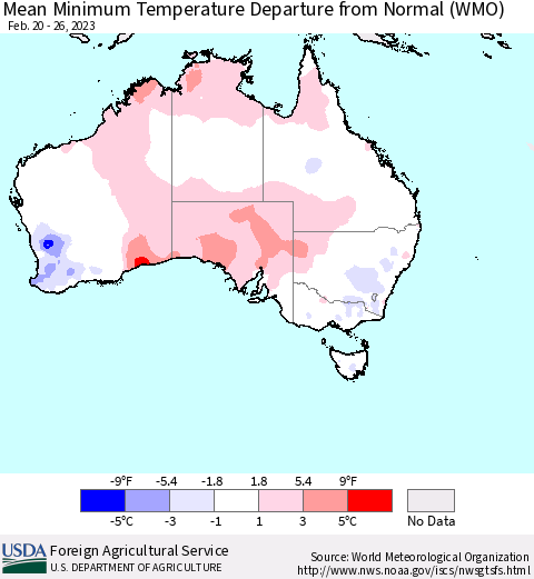Australia Mean Minimum Temperature Departure from Normal (WMO) Thematic Map For 2/20/2023 - 2/26/2023