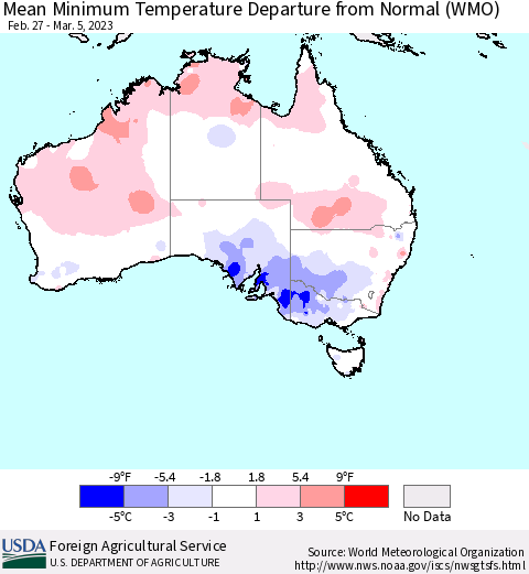 Australia Mean Minimum Temperature Departure from Normal (WMO) Thematic Map For 2/27/2023 - 3/5/2023