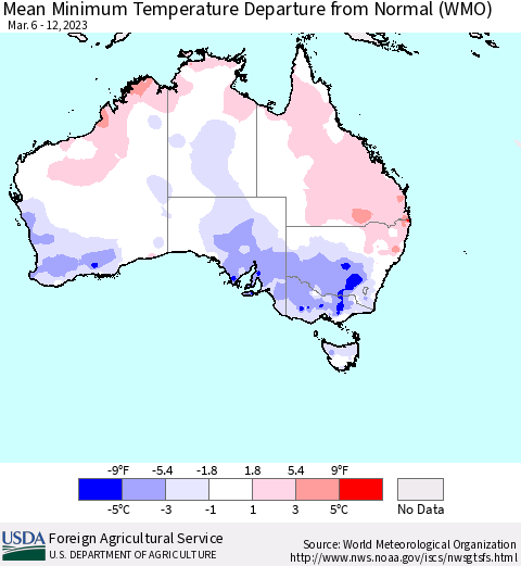 Australia Mean Minimum Temperature Departure from Normal (WMO) Thematic Map For 3/6/2023 - 3/12/2023