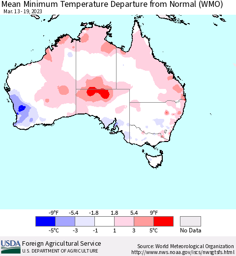 Australia Mean Minimum Temperature Departure from Normal (WMO) Thematic Map For 3/13/2023 - 3/19/2023