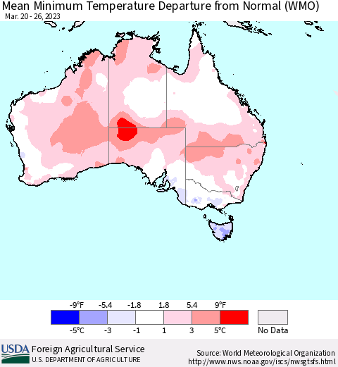 Australia Mean Minimum Temperature Departure from Normal (WMO) Thematic Map For 3/20/2023 - 3/26/2023