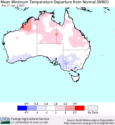 Australia Mean Minimum Temperature Departure from Normal (WMO) Thematic Map For 3/27/2023 - 4/2/2023