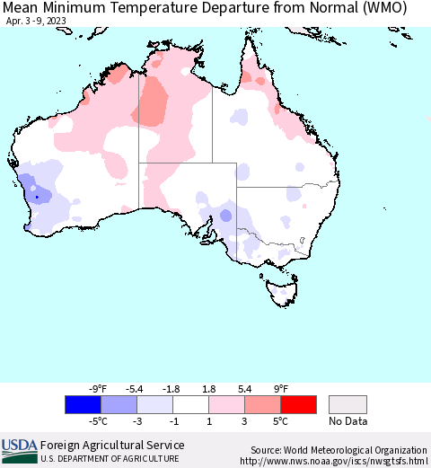 Australia Mean Minimum Temperature Departure from Normal (WMO) Thematic Map For 4/3/2023 - 4/9/2023