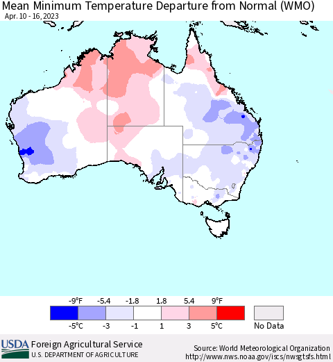 Australia Mean Minimum Temperature Departure from Normal (WMO) Thematic Map For 4/10/2023 - 4/16/2023