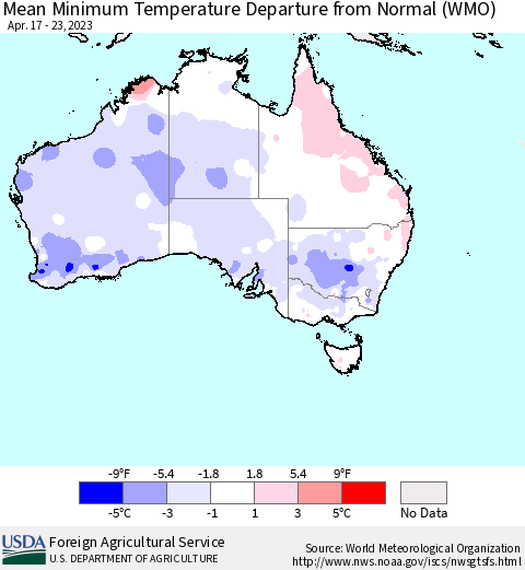 Australia Mean Minimum Temperature Departure from Normal (WMO) Thematic Map For 4/17/2023 - 4/23/2023