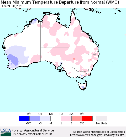 Australia Mean Minimum Temperature Departure from Normal (WMO) Thematic Map For 4/24/2023 - 4/30/2023