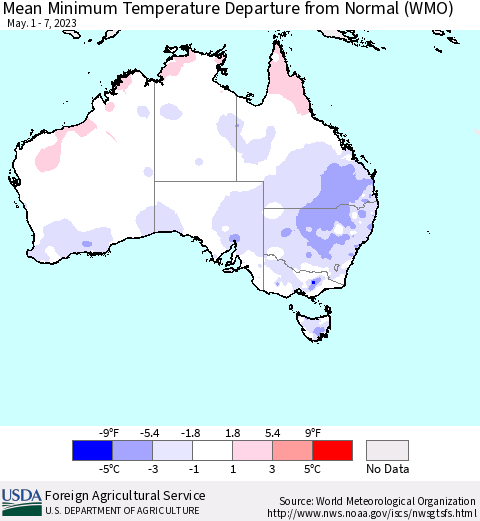 Australia Mean Minimum Temperature Departure from Normal (WMO) Thematic Map For 5/1/2023 - 5/7/2023
