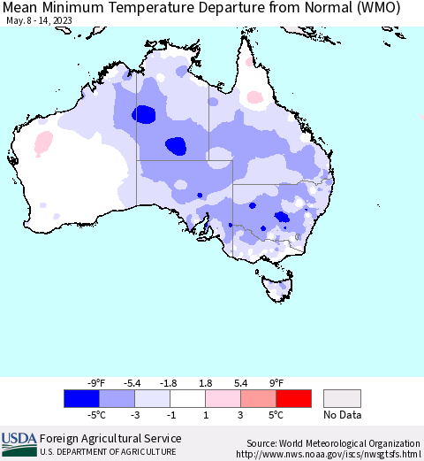 Australia Mean Minimum Temperature Departure from Normal (WMO) Thematic Map For 5/8/2023 - 5/14/2023