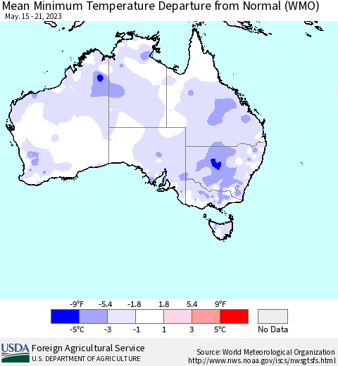 Australia Mean Minimum Temperature Departure from Normal (WMO) Thematic Map For 5/15/2023 - 5/21/2023
