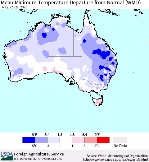 Australia Mean Minimum Temperature Departure from Normal (WMO) Thematic Map For 5/22/2023 - 5/28/2023