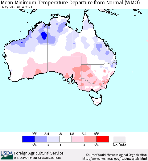 Australia Mean Minimum Temperature Departure from Normal (WMO) Thematic Map For 5/29/2023 - 6/4/2023
