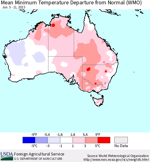 Australia Mean Minimum Temperature Departure from Normal (WMO) Thematic Map For 6/5/2023 - 6/11/2023