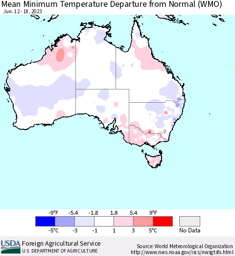 Australia Mean Minimum Temperature Departure from Normal (WMO) Thematic Map For 6/12/2023 - 6/18/2023