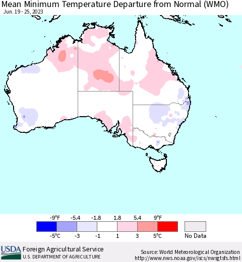Australia Mean Minimum Temperature Departure from Normal (WMO) Thematic Map For 6/19/2023 - 6/25/2023