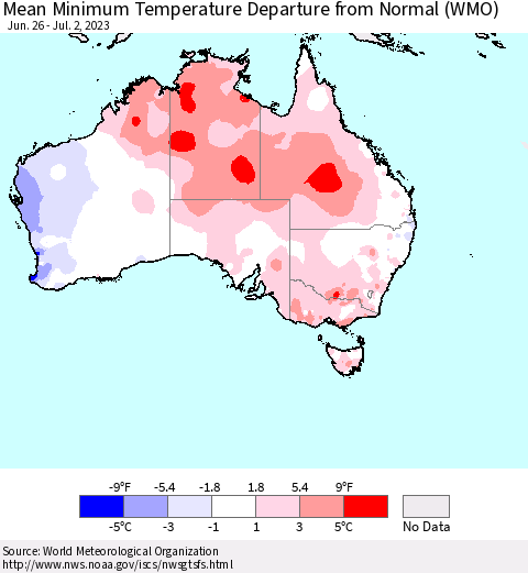 Australia Mean Minimum Temperature Departure from Normal (WMO) Thematic Map For 6/26/2023 - 7/2/2023
