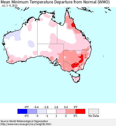 Australia Mean Minimum Temperature Departure from Normal (WMO) Thematic Map For 7/3/2023 - 7/9/2023