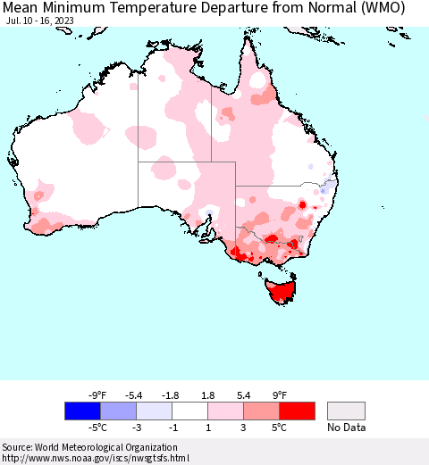 Australia Mean Minimum Temperature Departure from Normal (WMO) Thematic Map For 7/10/2023 - 7/16/2023