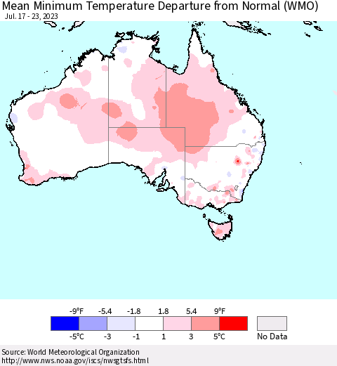 Australia Mean Minimum Temperature Departure from Normal (WMO) Thematic Map For 7/17/2023 - 7/23/2023