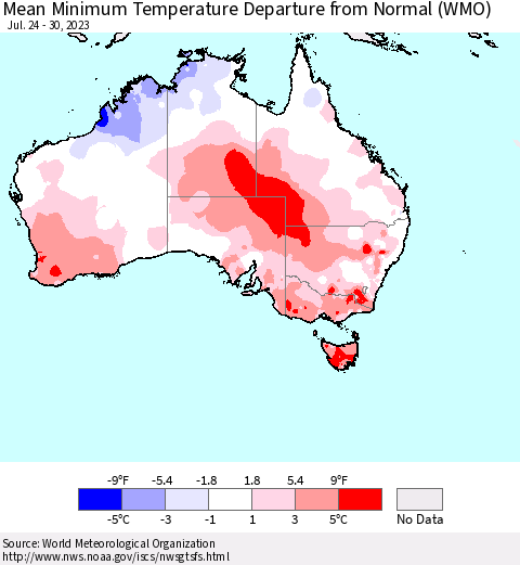 Australia Mean Minimum Temperature Departure from Normal (WMO) Thematic Map For 7/24/2023 - 7/30/2023