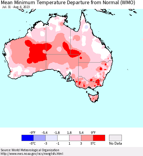 Australia Mean Minimum Temperature Departure from Normal (WMO) Thematic Map For 7/31/2023 - 8/6/2023