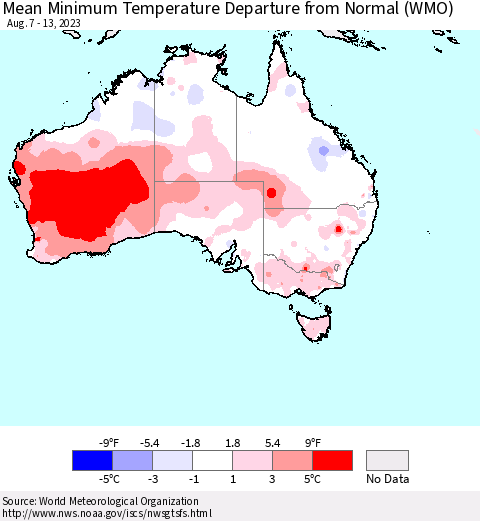 Australia Mean Minimum Temperature Departure from Normal (WMO) Thematic Map For 8/7/2023 - 8/13/2023